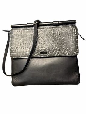Black Leather Shoulder Bag with Grey Croc-Embossed Flap